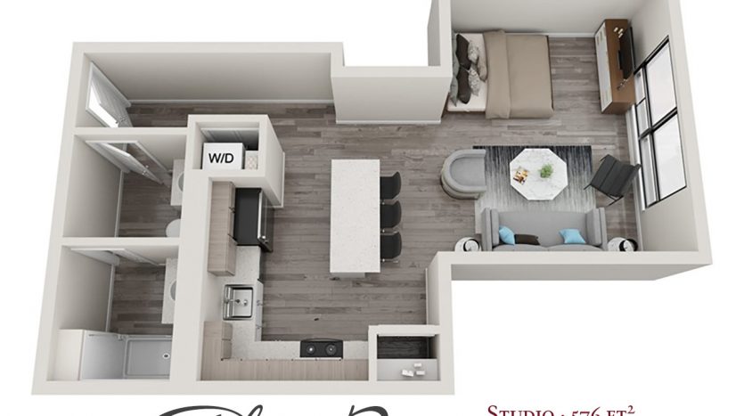 Eden Tower Apartments – Reno NV – Studio – The Primrose 3D Floor Plan