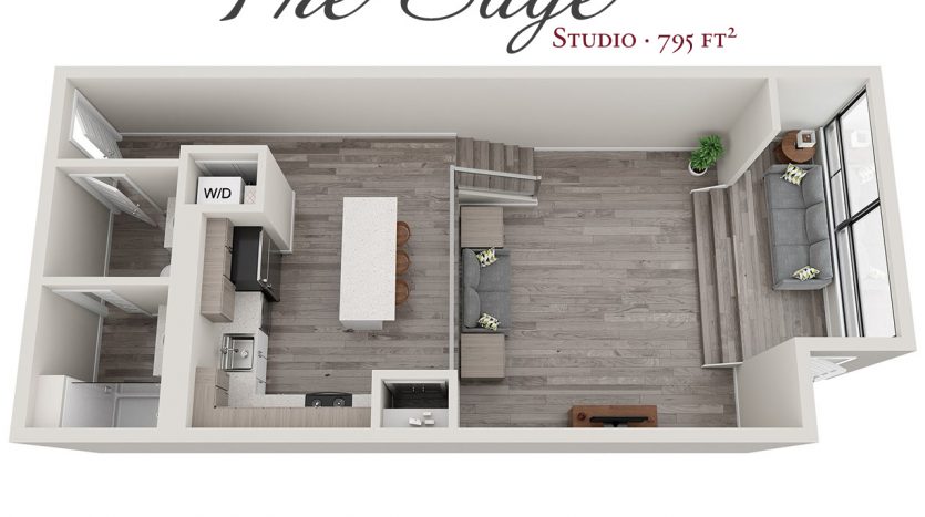 Eden Tower Apartments – Reno NV – Studio – The Sage 3D Floor Plan