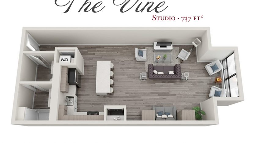Eden Tower Apartments – Reno NV – Studio – The Vine 3D Floor Plan